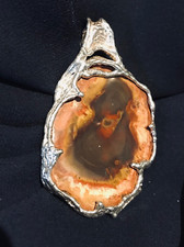 Grande ciondolo con legno pietrificato fossile incastonato in metallo argenteo