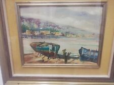 quadro pittura olio su compensato barche con paesaggio 1960/1970 incorniciato