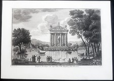 Stampa antica Roma tempio esculapio villa borghese giuseppe vasi veduta XIX sec