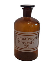 Antica e rara flacone bottiglia ambra da Farmacia Acqua Vegeto Minerale teschio!