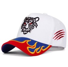 Cappello berretto baseball bianco/blu ricamato fiamma e TIGRE taglio laterale 56-61 cm