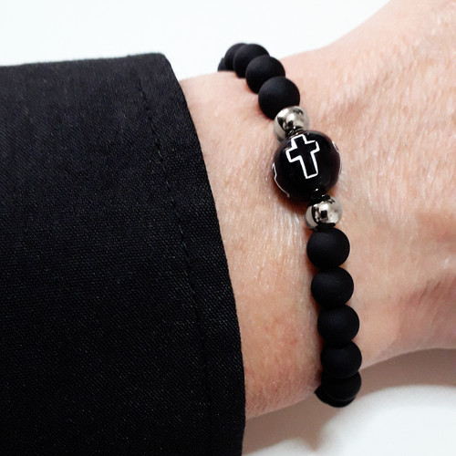 Bracciale croce con - perle, nero