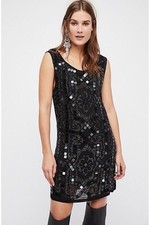 FREE PEOPLE SPEAKING EASY MINI ABITO TUBINO CON PERLINE UK 10 NERO