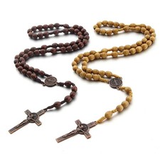 Collana in legno rosario croce crocifisso in corda intrecciata religioso unisex