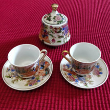 SERVIZIO DA CAFFÈ ZUCCHERIERA 2 TAZZINE PIATTINI ROYAL SATSUMA PORCELLANA CINESE