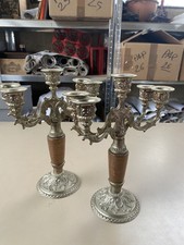 Candelabri Coppia Ottone E Legno Epoca Collezione