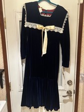 Abito vintage anni 70 Gunne Sax donna 9 blu velluto midi prateria pizzo orlo 