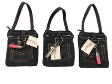 3 MINI BORSETTE POCHETTE JEANS CM CON MINI LUCIDALABBRA E CUORE CM 21X10 TOTALI