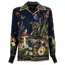 DOLCE & GABBANA DG Logo Pois Fiore Coniglio Giardino Stampa Seta Camicia Blu
