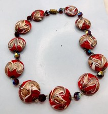 Vtg  Venetian Murano Red Art Glass w.Aventurine Beads Necklace 17 In