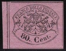 1867 Stato Pontificio, n. 20 80 cent. rosa lillaceo MLH/* MARGINE DI FOGLIO