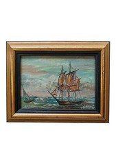 *HH* Dipinto Antico Quadro Quadretto Paesaggio Marino Mare Barca Navi Nave Paint