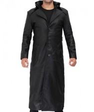 Uomo Nero Trench Lungo Cappotto con Cappuccio 100% Vera Pelle Classico Invernale