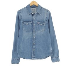 Camicia Vintage Hollister Uomo Blu Cotone Denim Con Bottoni A Pressione Taglia S