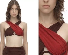 REGGISENO BIKINI SELF PORTRAIT CROSS OVER TAGLIA 8 PETTO 28” ROSSO MARRONE SEERSUCKER MAI INDOSSATO