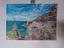 CITTA' D'ITALIA - Amalfi  (Sa)- paesaggio dipinto a mano marina chiesa scogli - 