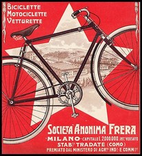 PUBBLICITA' 1909 BICICLETTA FRERA MOTOCICLETTA VETTURETTE BIKE TRADATE COMO