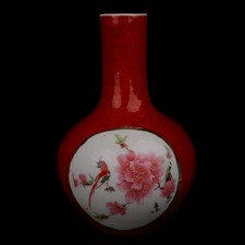 Cina vecchia porcellana rossa smaltata g rosa fiore uccellino fantasia vaso a forma di Tianqiu
