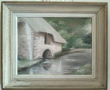 Olio Su Pannello Di Legno " Cottage A Bordo Acqua " Firmato Cillit con Cornice