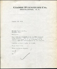 BINGHAMTON, NY ~ Globe Furniture Co. ~ TESTA DI LETTERE 1920