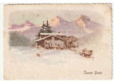 cartolina augurale d'epoca Buone Feste baita di montagna paesaggio innevato