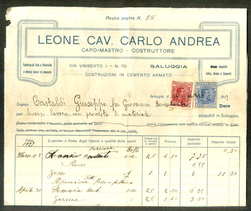 Fattura del 1927 saluggia - del,