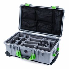 Custodia Silver & Lime Green Pelican 1510 con divisori grigi e organizer coperchio rete.