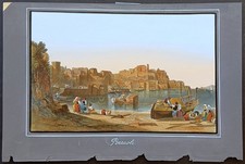 stampa antica acciaio 1850 circa napoli pozzuoli panorama veduta colori