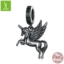 Fashion 925 Sterling Silver Black Gold Flying Horse Hanging Bead Charm  Bracelet