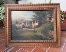 ANTICO DIPINTO OLIO SU TAVOLA - PAESAGGIO DI CAMPAGNA - CORNICE QUILLOCHE - 1932