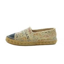 Women 6.5US Chanel Espadrille Shoes 37 Beige Navy Coco Mark All Over Pattern G29