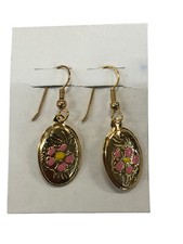 ORECCHINI PENDENTE METALLO ORO E FIORE ROSA BIGIOTTERIA VINTAGE ANNI 70-90 CM3,5