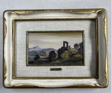 Dipinto olio miniatura vintage delle rovine europee di Gino Tassinari incorniciato