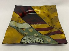 Piatto vassoio centrotavola 25x25x3 cm in vetro decorato giallo rosso verde