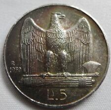 ITALIA 5 lire 1930 Roma UNC Aquila argento tono arcobaleno Vittorio Emanuele #B09