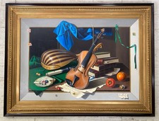 GRANDE QUADRO DIPINTO OLIO Arcangelo Maraga NATURA MORTA FRUTTA LIBRI VIOLINO