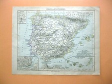 mappa antica old map SPAGNA ESPANA ISOLE CANARIE LISBONA STIELER E BERGHAUS 1889