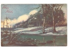 Non Viaggiata cartolina d'epoca auguri di Buon Natale casa sul fiume bosco