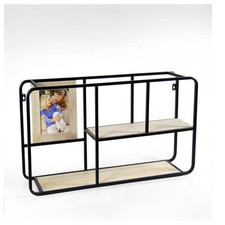 MENSOLA DA PARETE CON 2 RIPIANI E PORTAFOTO 66X15X38 CM LEGNO E METALLO NERO