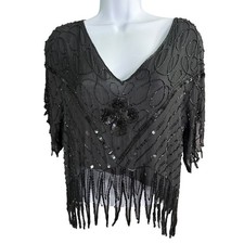 Camicetta vintage Metamorfosi M nera seta frange perline paillettes Gatsby corta