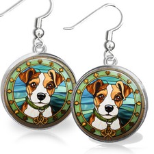 Orecchini Jack Russel Terrier Sterling Cane Finta Vetro Colorato Stampa Arte