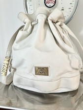 Moschino Bucket Bag Vintage White Nylon Leather Drawstring Gold Letters 1980s