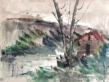 Dipinto olio originale " Casetta in Campagna" di Mino Argento, b.1927 Roma ITALIA