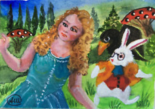 ALICE nel paese delle meraviglie - coniglio bianco, corvo ACEO DIPINTO ACQUERELLO ORIGINALE 