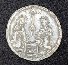 MEDAGLIA ANTICA IN MADREPERLA NATIVITÀ GESÙ BAMBINO MARIA GIUSEPPE