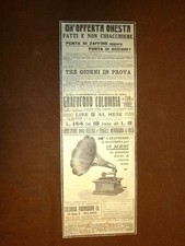 Pubblicità dei primi del '900 Grammofono Grafofono Columbia 3 giorni di prova