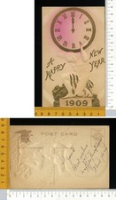 V2058] BUON ANNO DATA 1909 NUMERI GRANDI UOMO SOSTIENE OROLOGIO - RILIEVO