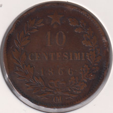 Moneta Vittorio Emanuele II 10 cent. 1866 Zecca DM Parigi NC SPL dettagli foto