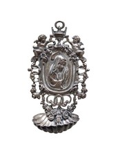 *HH* Acquasantiera Religiosa Votiva In Argento Madonna Con Putti Angeli Sacra 