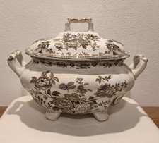 ZUPPIERA INGLESE ANTICA, CERAMICA BIANCA DECORO FLOREALE MARRONE, INTEGRA